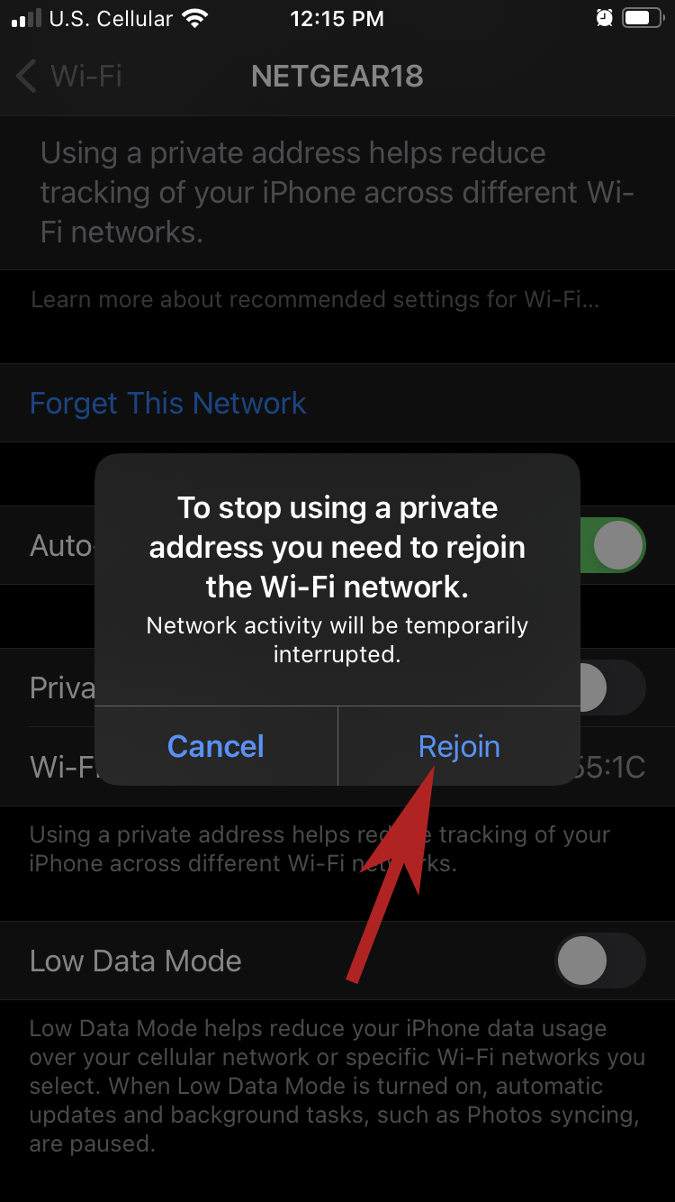 Rejoining wifi after turning private address off