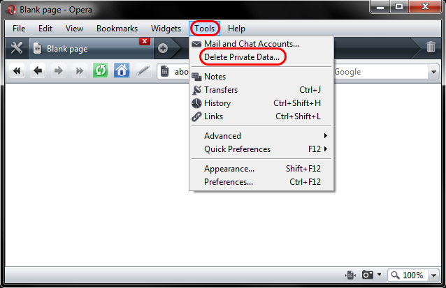 Delete Private Data option in Tools menu