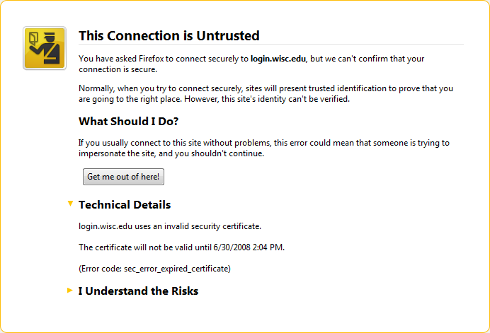 This Connection is Untrusted - You have asked Firefox to connect securely to login.wisc.edu, but we can't confirm that your connection is secure.