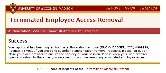 Success - your approval has been logged for this authorization removal