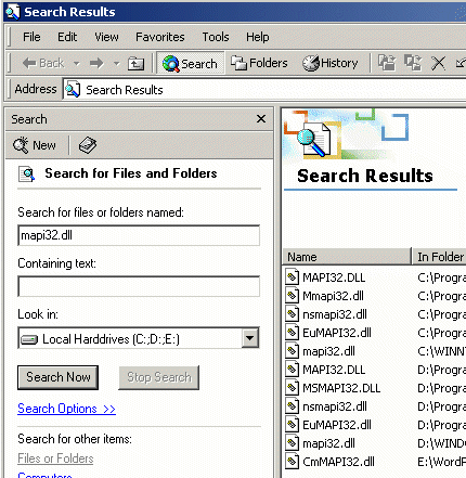 Mapi32.dll search display
