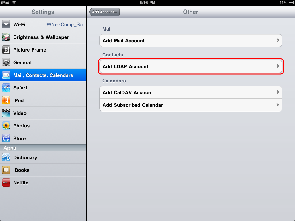 Touch Add LDAP Account. Touch Add LDAP Account.