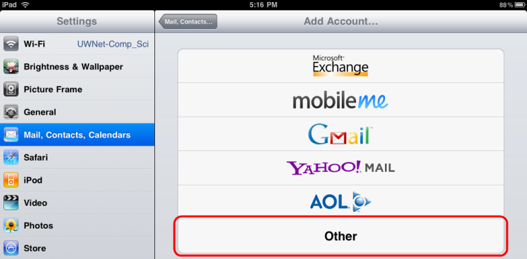 Select Mail, Contacts, Calendars, click Add Account, and then touch Other Select Mail, Contacts, Calendars, click Add Account, and then touch Other