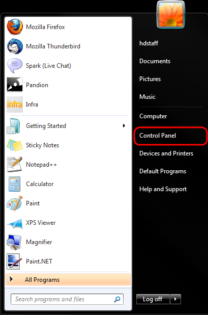 Press Start, Control Panel.