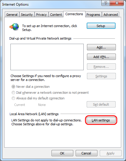 Click Connections, then LAN Settings.