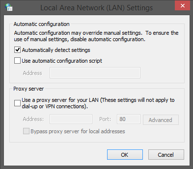 Make sure Use a proxy server for your LAN is unchecked.