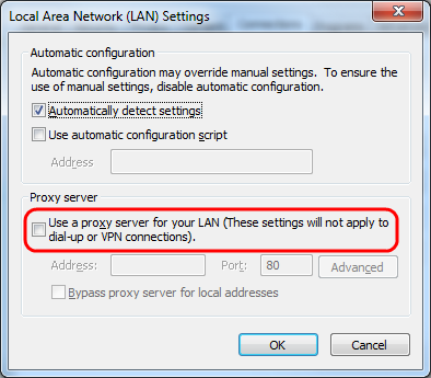 Make sure Use a proxy server for your LAN is unchecked.