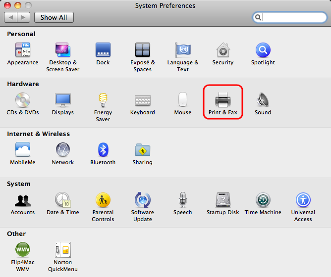 Open System Preferences and select Print & Fax.