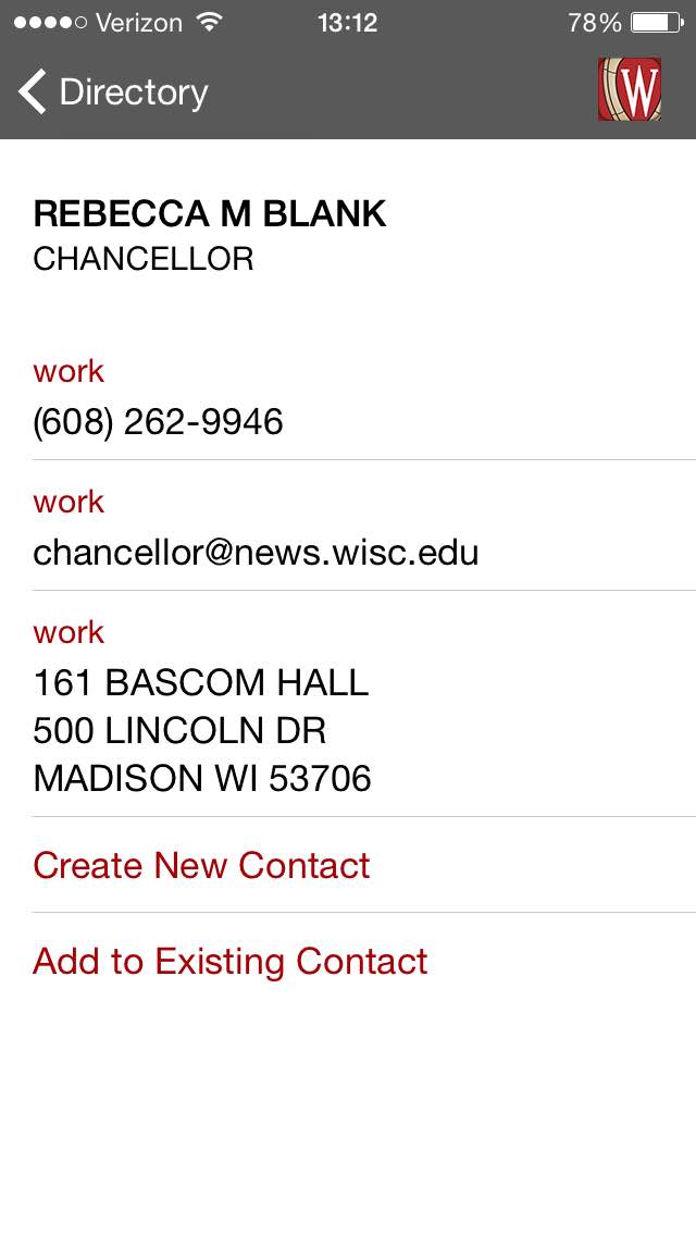 Chancellor Martin's contact information is displayed following a search