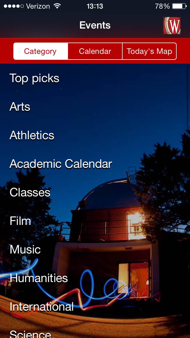 Categories for the events calendar are displayed