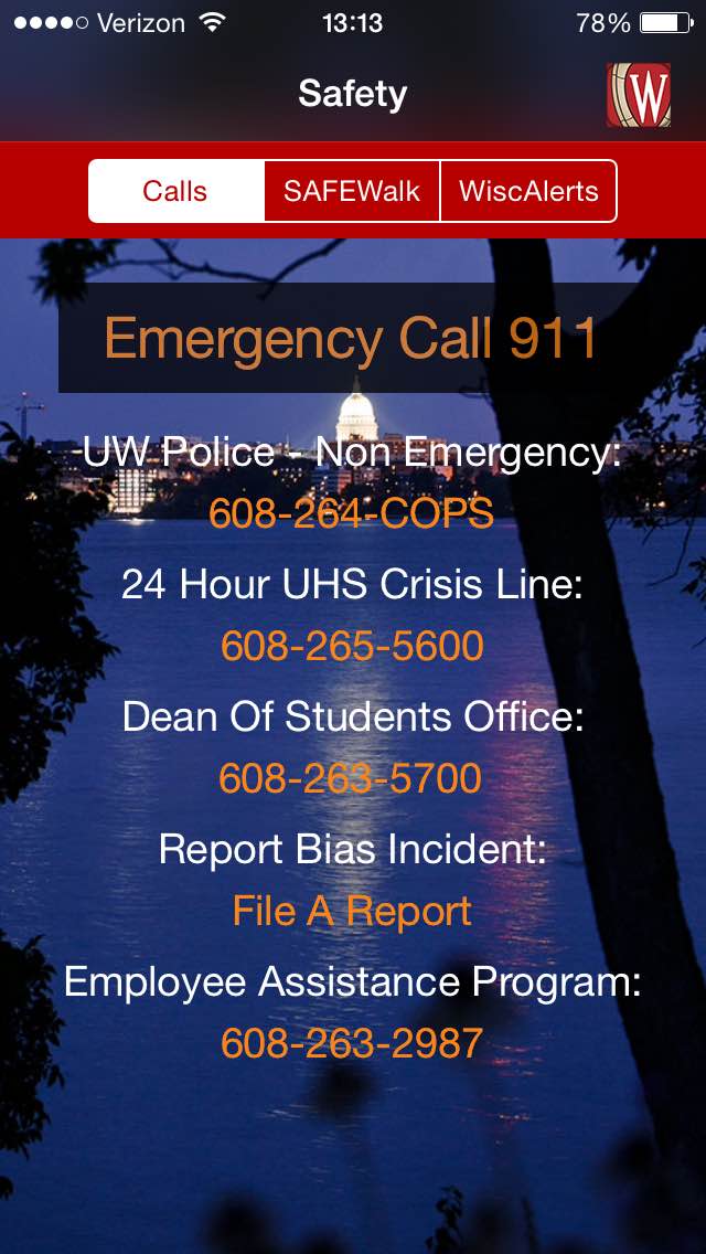 The Emergency tab of the Campus Safety module is shown with phone numbers for various emergency services listed