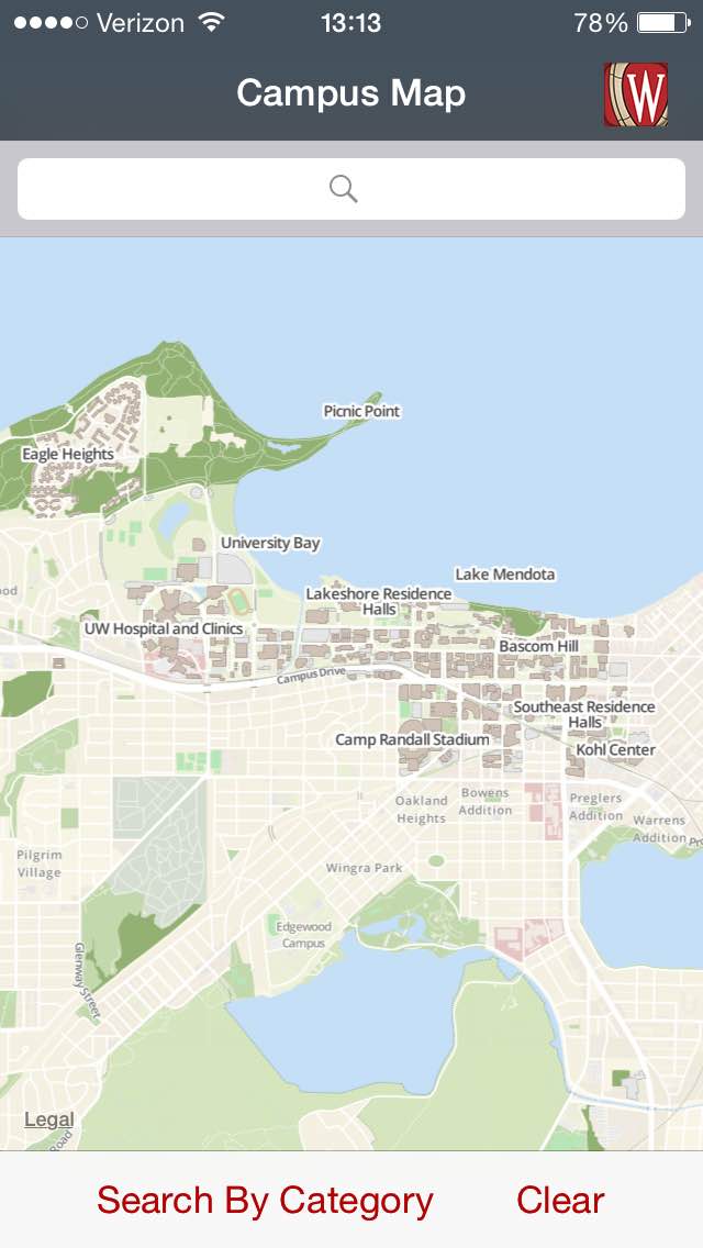 A map of campus is shown with buttons labeled Map Type, Show Me, and Clear Map