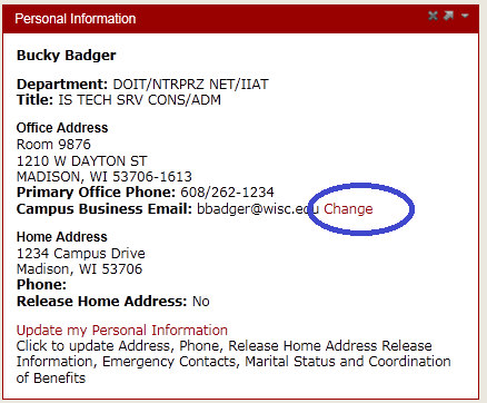 Click on the linked text that reads Change and is located to the right of the header that reads Campus Business Email