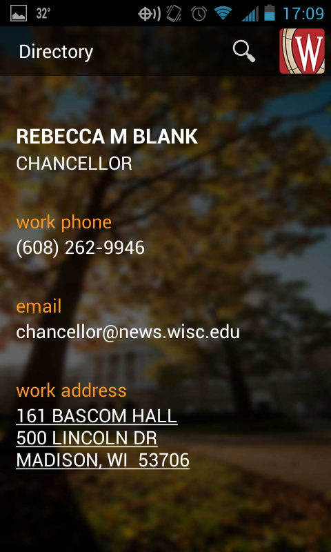 Chancellor Martin's contact information is displayed following a search