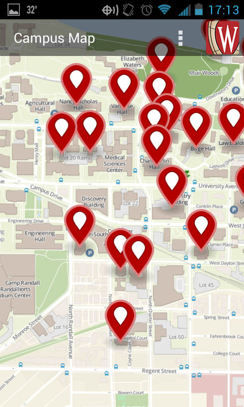 A view of the campus map with a sample search displayed