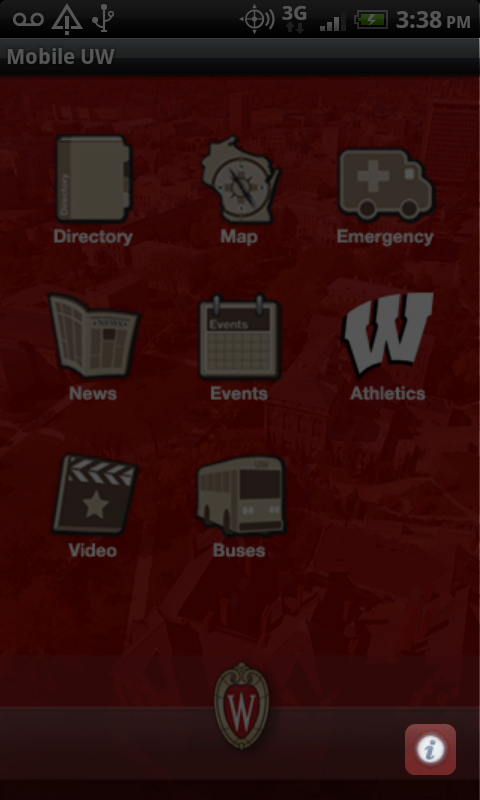 A screenshot of the Mobile UW homescreen with the info icon in the lower right highlighted