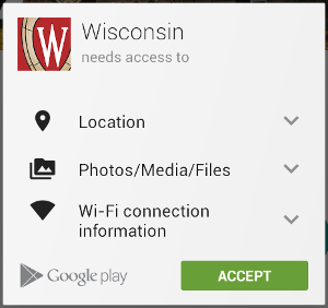 The permission requirements for Wisconsin App are displayed