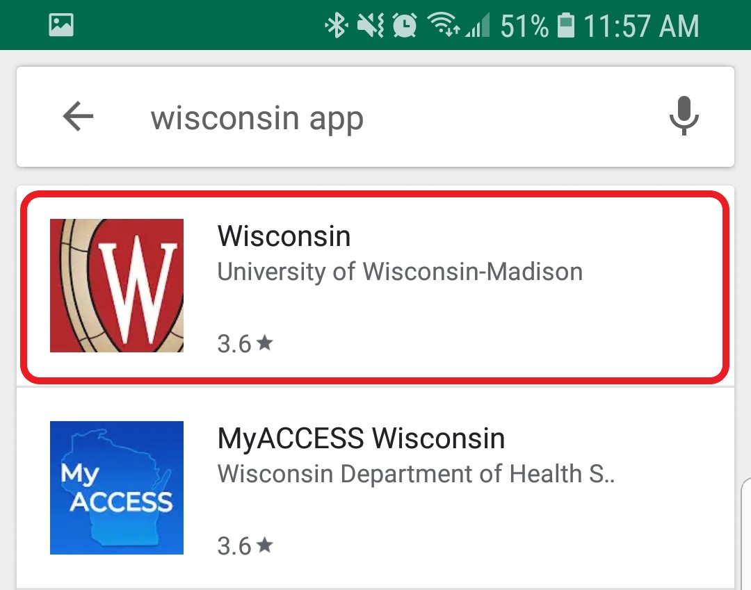 The search results for Wisconsin App are displayed
