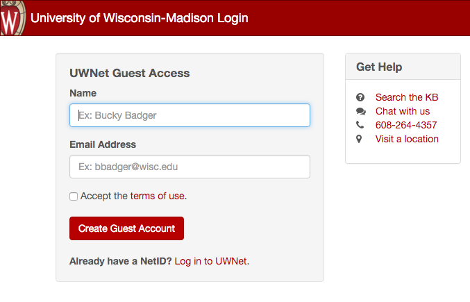 UWNet Guest Access Guest Wi-Fi access menu