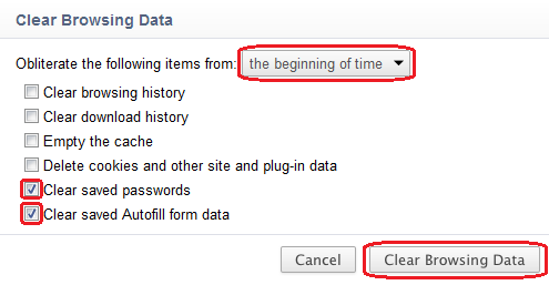 Empty the cache & Delete cookies and other site data > the beginning of time > Clear Browsing Data