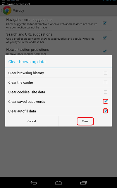 Clear browsing data options: history, cache, cookies, passwords, autofill data