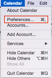 Preferences selection within Calendar menu