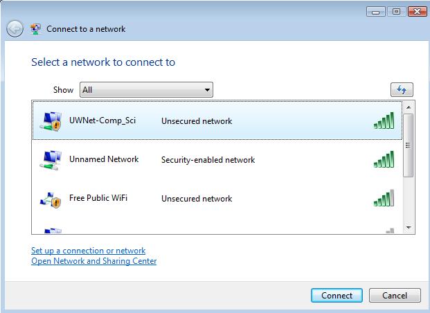 choose wireless uwnet connection