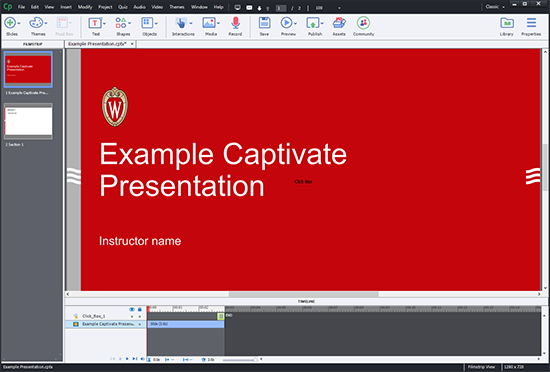 An image of Adobe Captivate open with two slides in the playlist on the left and the timeline open on the bottom showing an "Example Captivate Presentation" with the UW-Madison theme