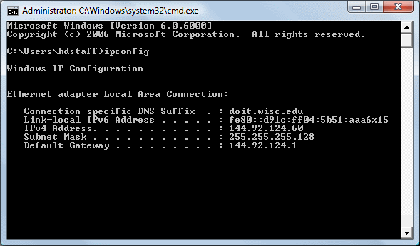 The results of ipconfig for a well-configured machine
