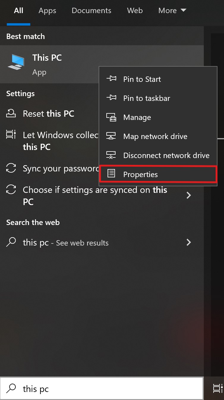 Windows menu with red outline around Properties option