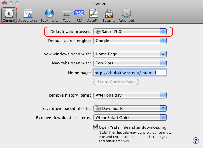 Internet Preferences window