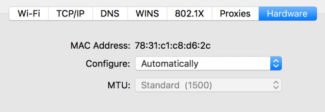 Hardware menu displaying MAC address