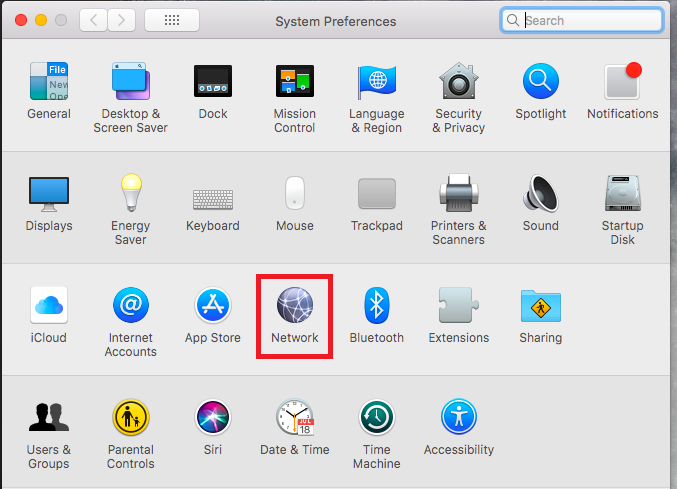 Red highlight around Network icon in system preferences
