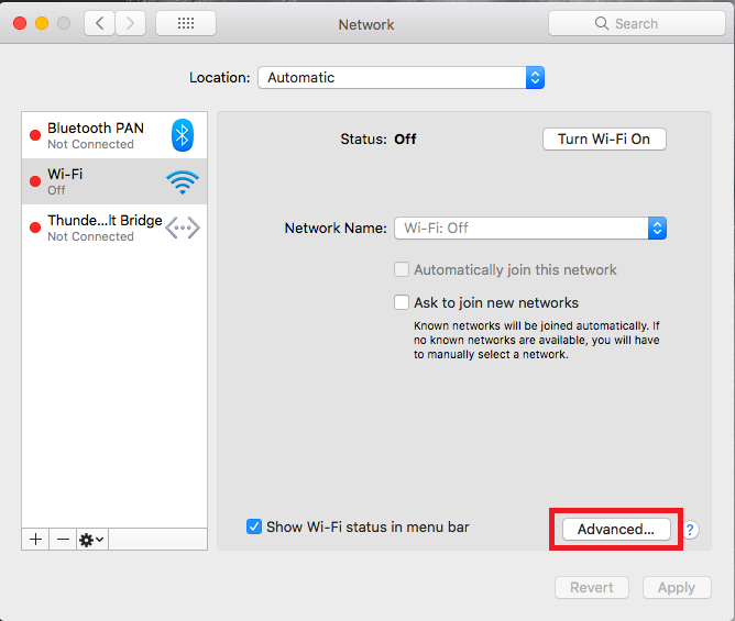 Red highlight around Advanced button in network menu