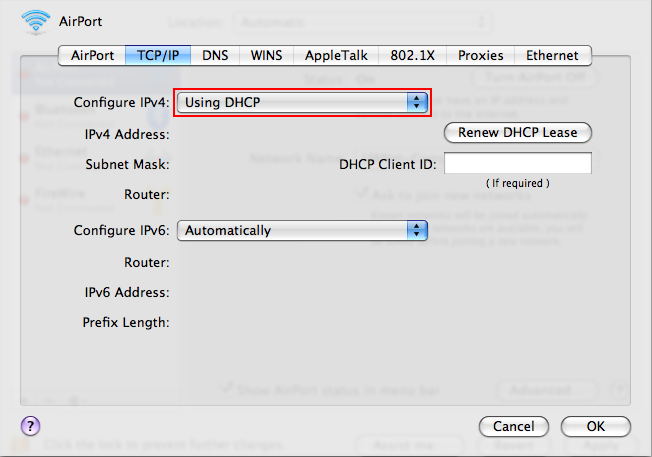Verify that Configure IPv4 is set to Using DHCP