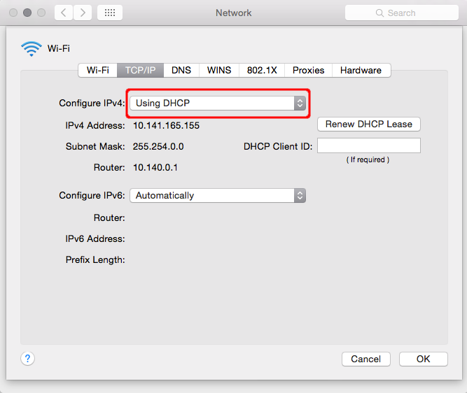 Verify that Configure IPv4 is set to Using DHCP