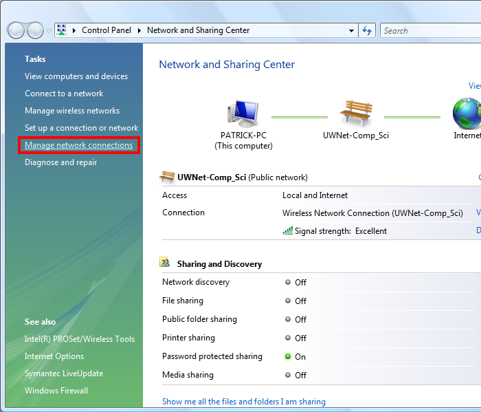 In the network and sharing center, click manage network connections on the left