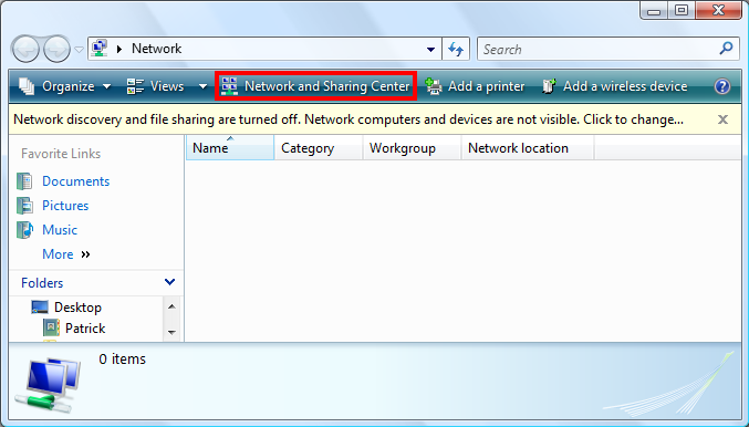 Click Network and Sharing Center in the Network window