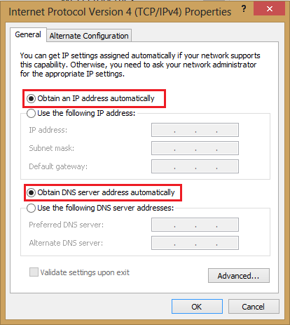 Screenshot of obtain an IP address automatically and obtain DNS server address automatically