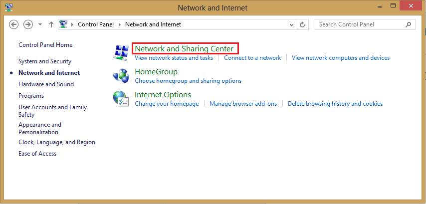 Screenshot of Network and Sharing Center