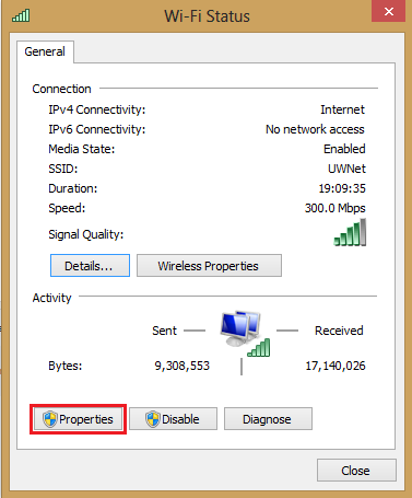 Screenshot of properties under Wi-Fi status