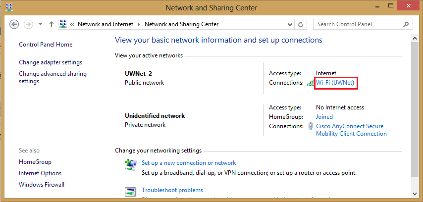Screenshot of Network and Sharing Center Active Connections
