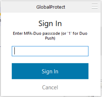 You will be prompted with Duo as shown below. Enter the passcode from your fob/Duo Mobile app or enter 