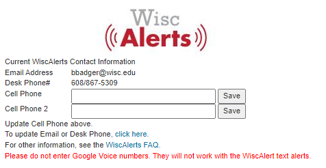 WiscAlerts app with two alternative cell phone fields