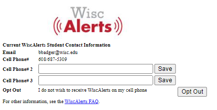 WiscAlerts app, showing two alternate cell phone fields and an "Opt Out" button