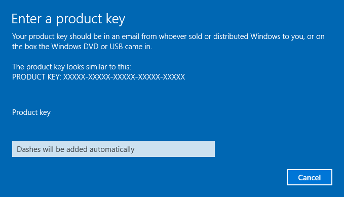 Windows Enter Product Key page