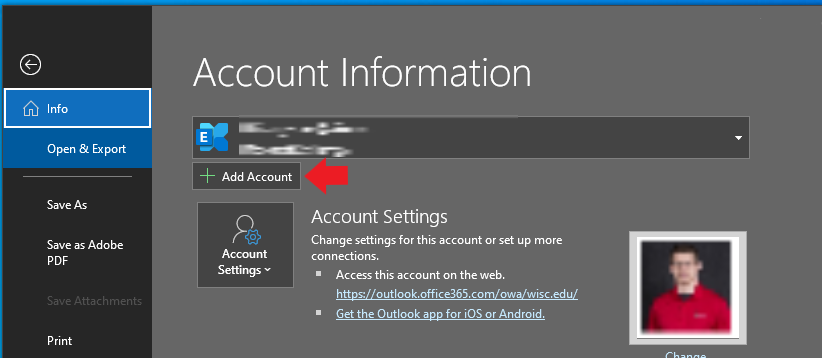 Image of Outlook Account information page identifying Add Account button
