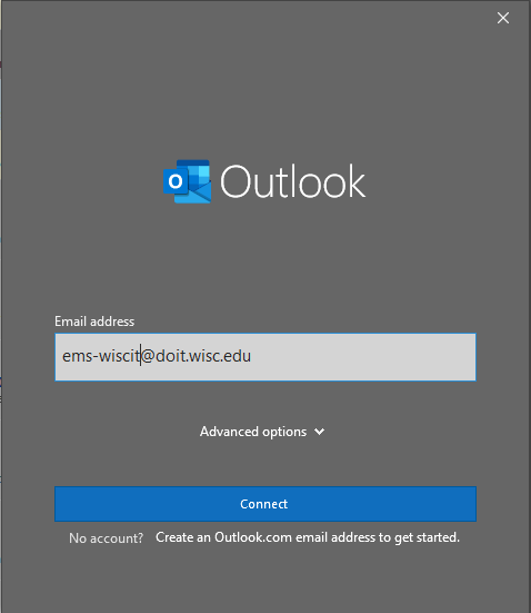 Image of Outlook add account page, Email address filled with EMS-notify@doit.wisc.edu