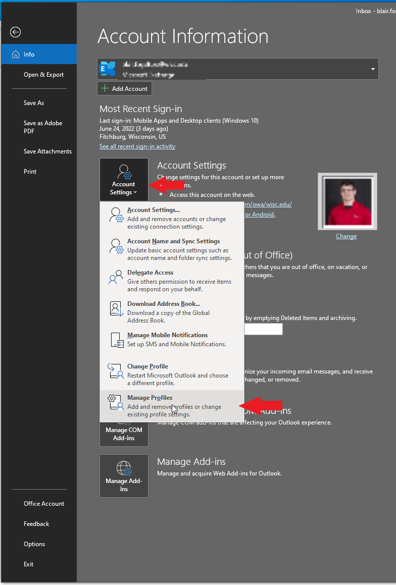 Image of Outlook Account information page Identifying Accounts Settings Drop down and ManageProfiles button