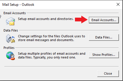 Image of Outlook Manage Profiles Window. Identifying Email Accounts